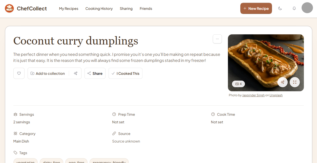 ChefCollect recipe page showing coconut curry dumplings and recipe details