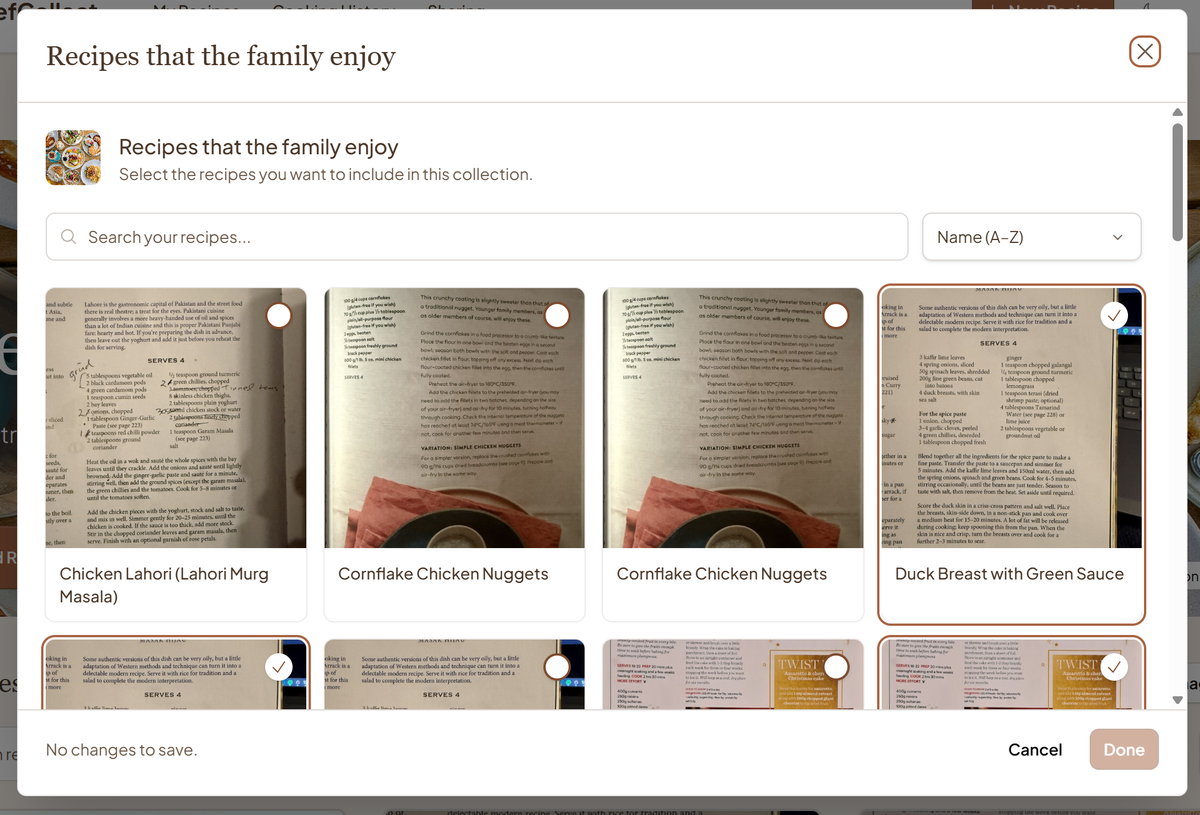 ChefCollect recipe chooser for a family collection, with saved recipes shown as selectable cards.