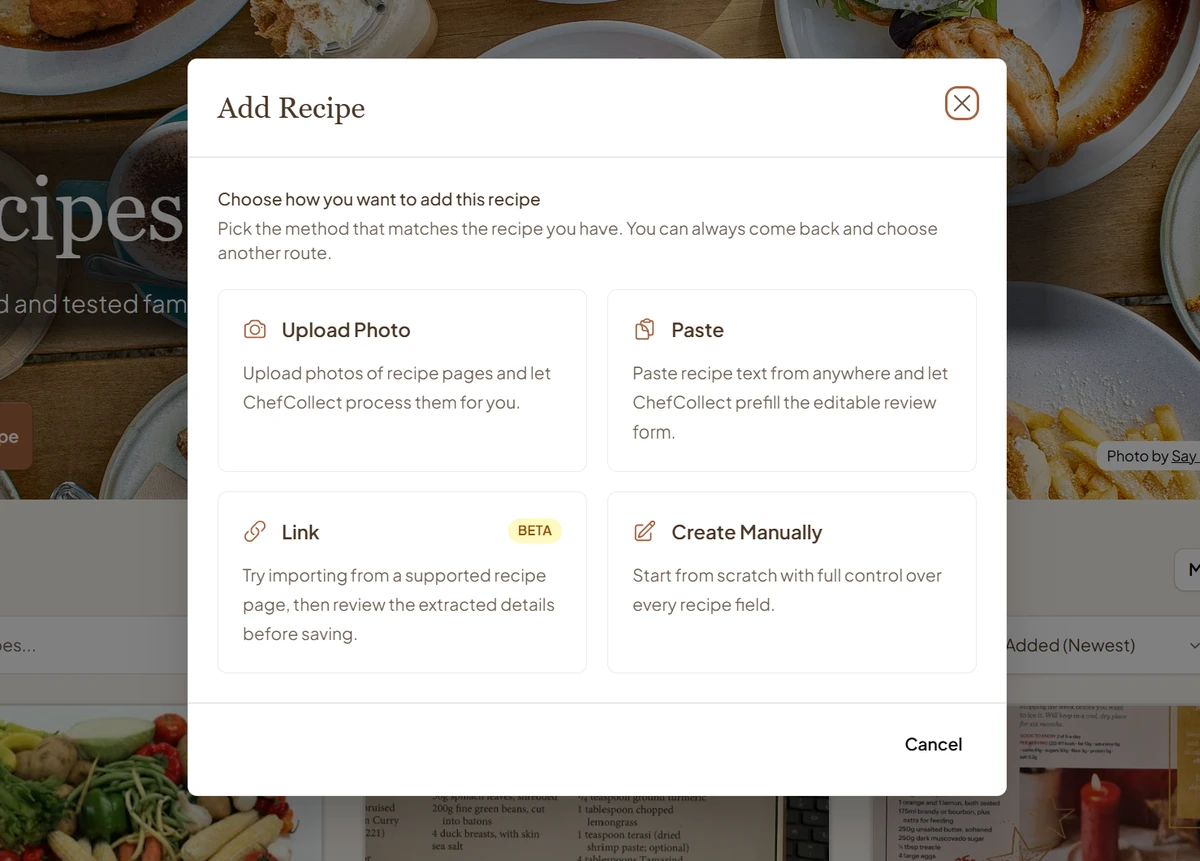 The ChefCollect Add Recipe dialog offering Upload Photo, Paste, Link, and Create Manually.
