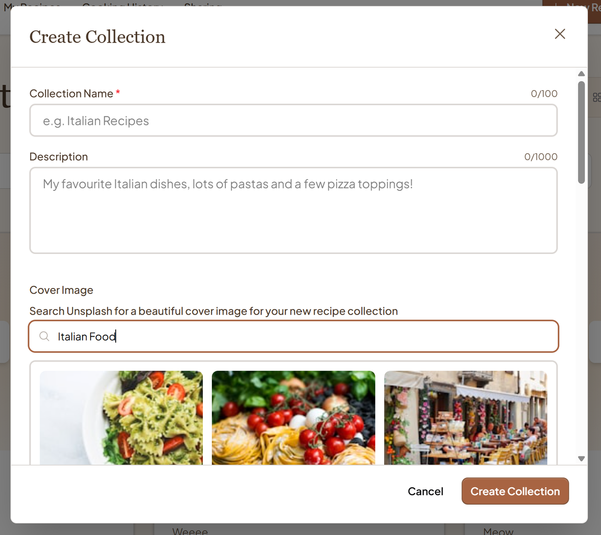 ChefCollect Create Collection dialog with name and description fields and a cover image search for Italian food.