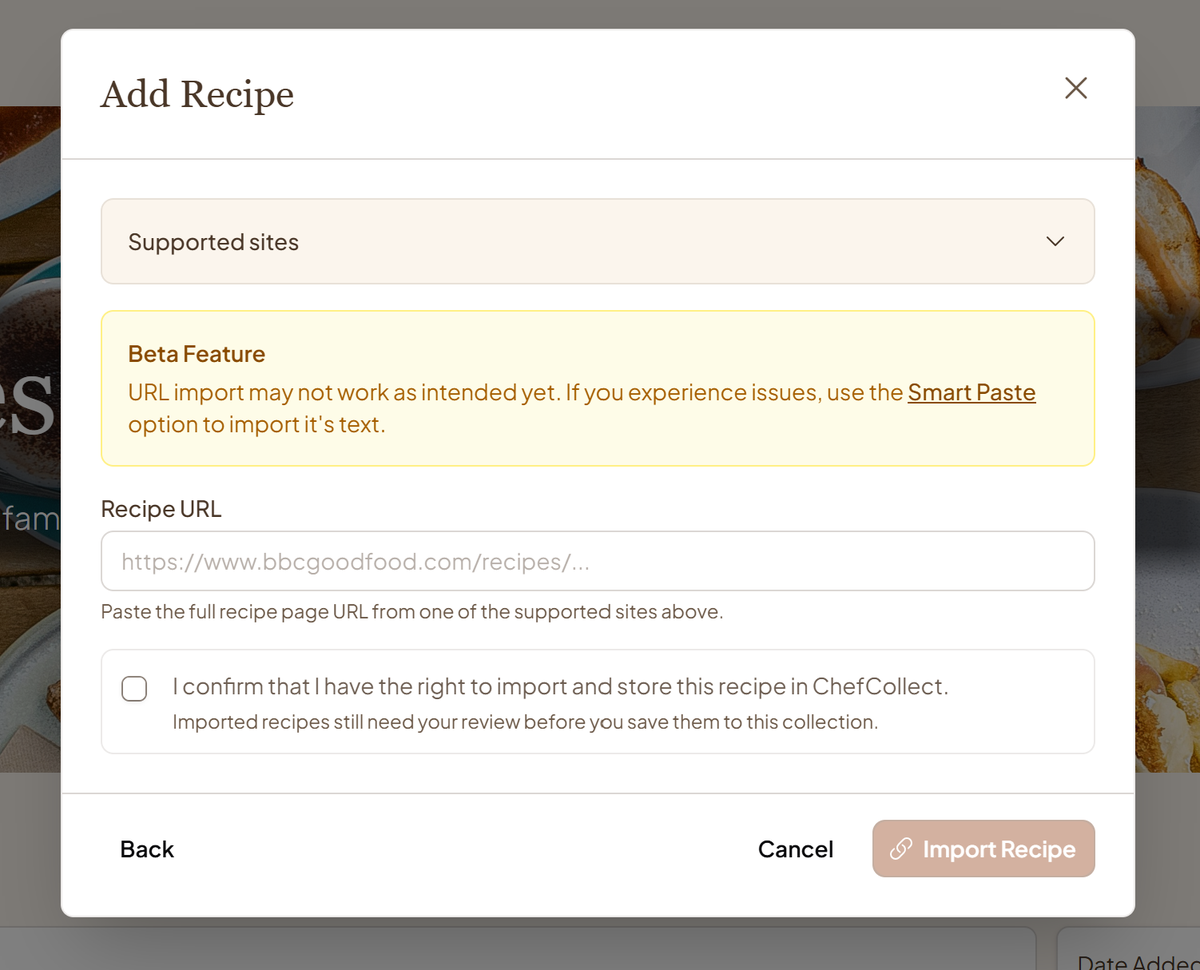 ChefCollect Link importer with Supported sites, a Recipe URL field, and a rights confirmation.