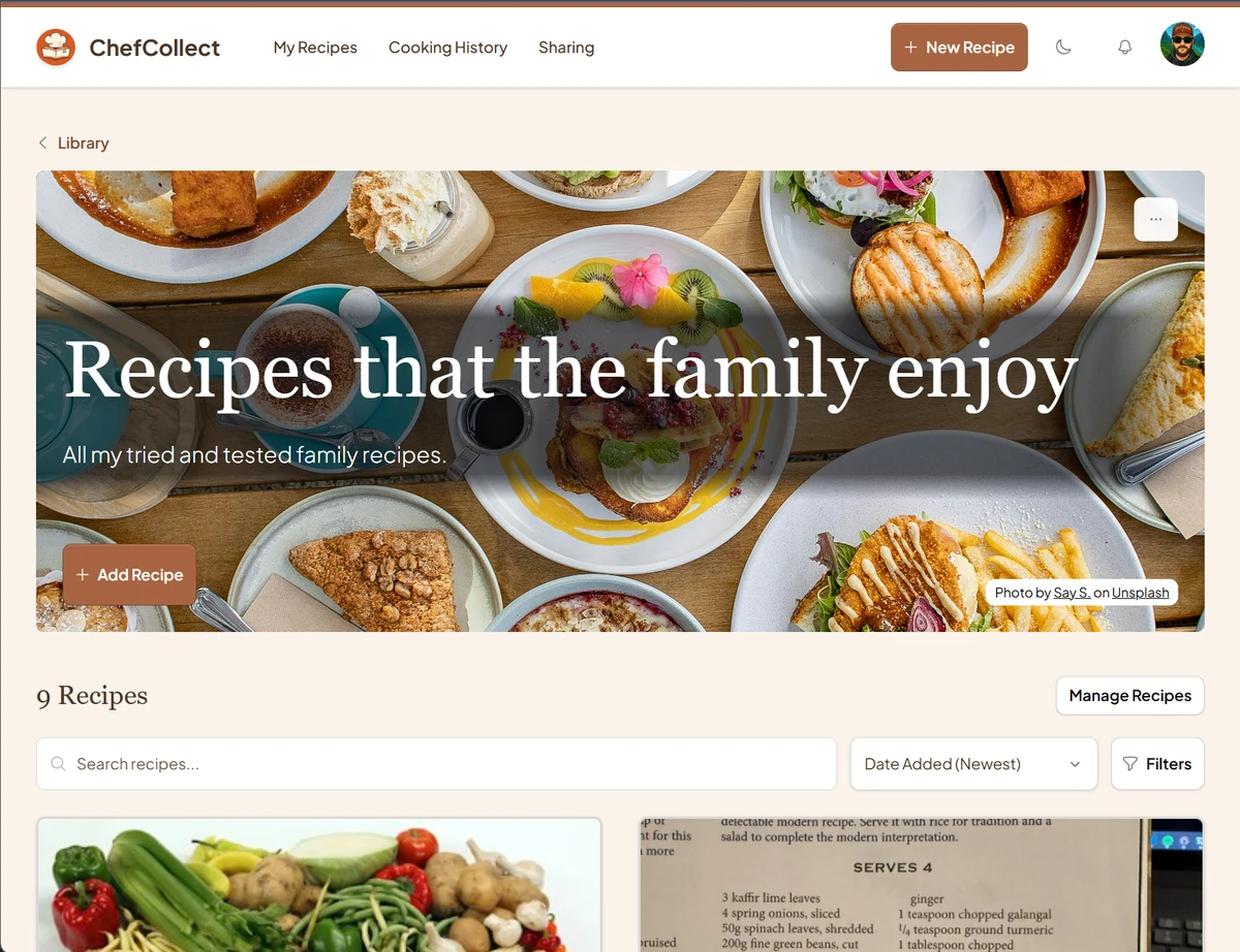 A ChefCollect collection containing family recipes, with search, sorting, and filters.