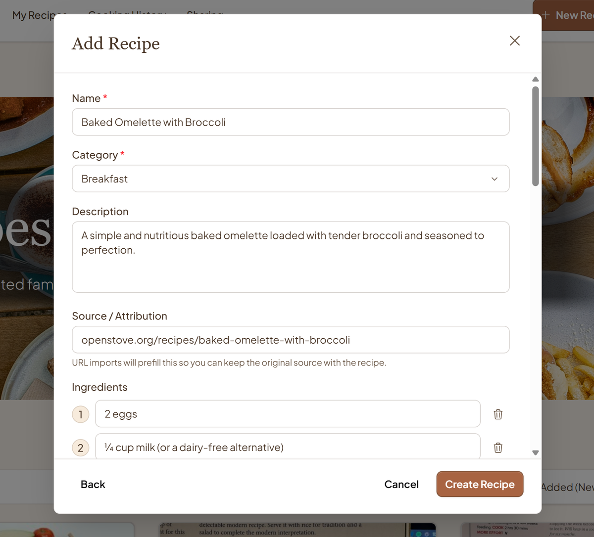 ChefCollect review form filled with a recipe name, category, description, source, and ingredients.