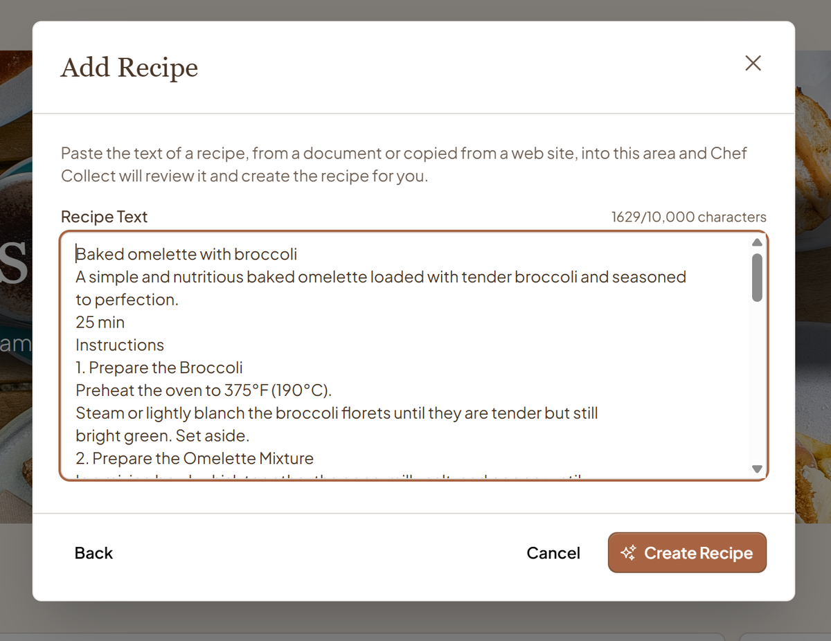 ChefCollect Add Recipe dialog with a baked omelette recipe pasted into the Recipe Text field.