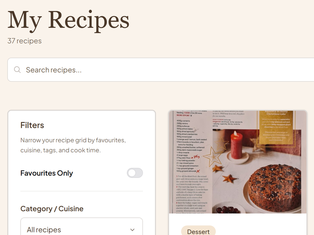 ChefCollect My Recipes library showing the search field, filters, and a recipe card.